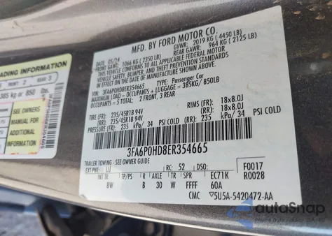 2014 Ford Fusion Se z USA, uszkodzony, nr VIN 3FA6P0HD8ER354665